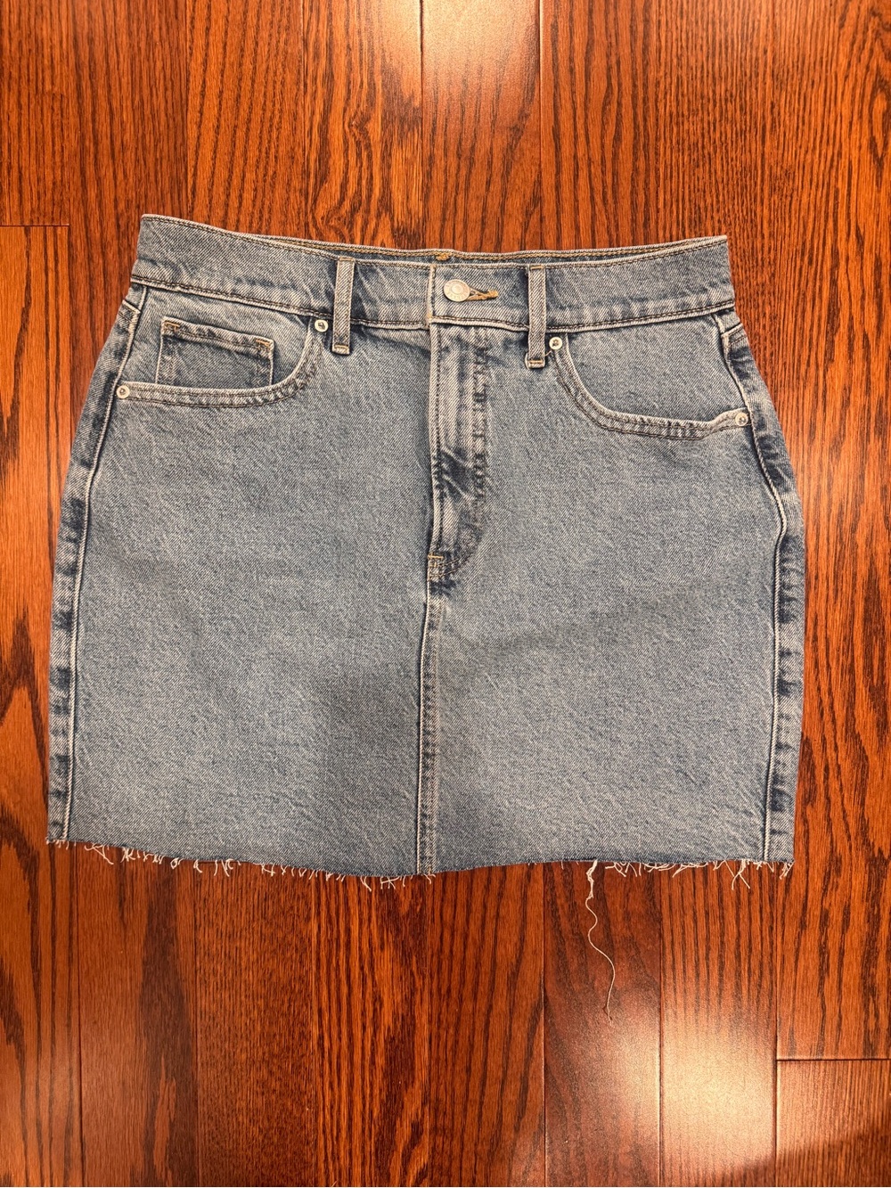Express Light Blue Denim Mini Skirt with Frayed Hem